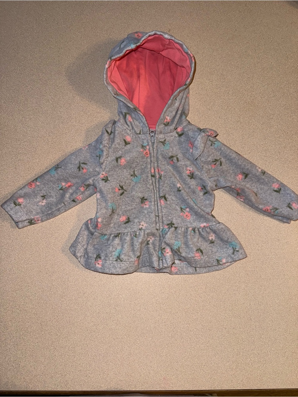 Carter’s baby girl size 3 months hooded zip up sweatshirt gray floral print ruff